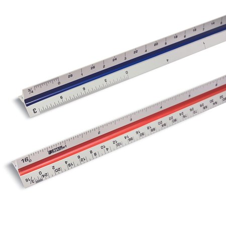 BETTER OFFICE PRODUCTS Triangular 12in Drafting/Architect Metal Ruler, Triple Side Color Coded, Imperial Scale Measurements 00342